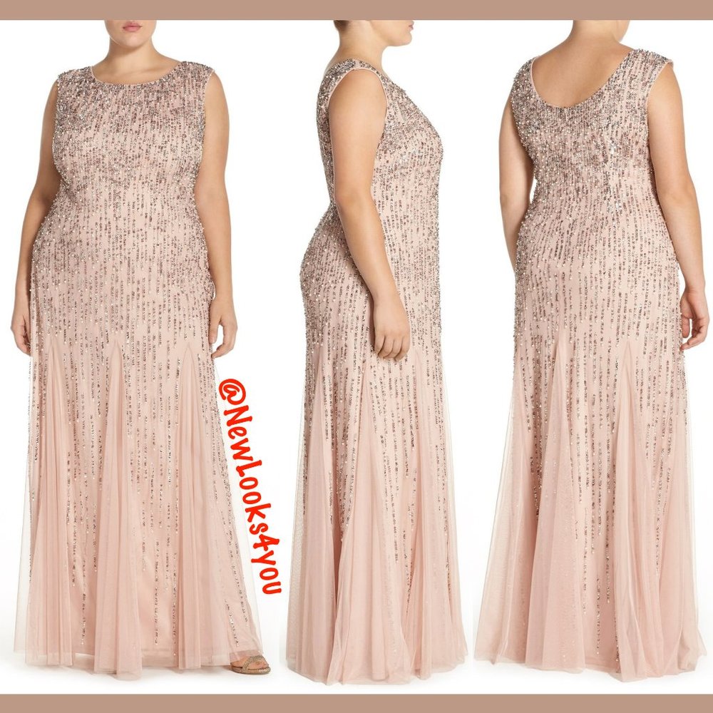 NWT Adrianna Papell Pearl Beaded A-Line Godet‎ Gown in Blush [PLUS 14W ]